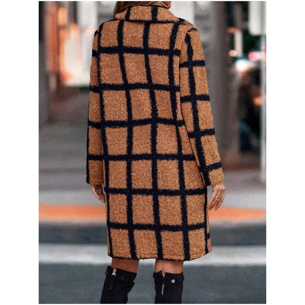 #17 Cozy Plaid Button Long Teddy Oversized Jacket Coat - Picture 5 of 7